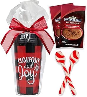 Ghirardelli Hot Cocoa & Peppermint Candy Cane Spoons Mug Tumbler Gift Set - Chocolate Packets & Stirrers In Christmas Holiday Red Plaid Check Travel Cup & Lid - Present Bagged Wrapped for Him Her