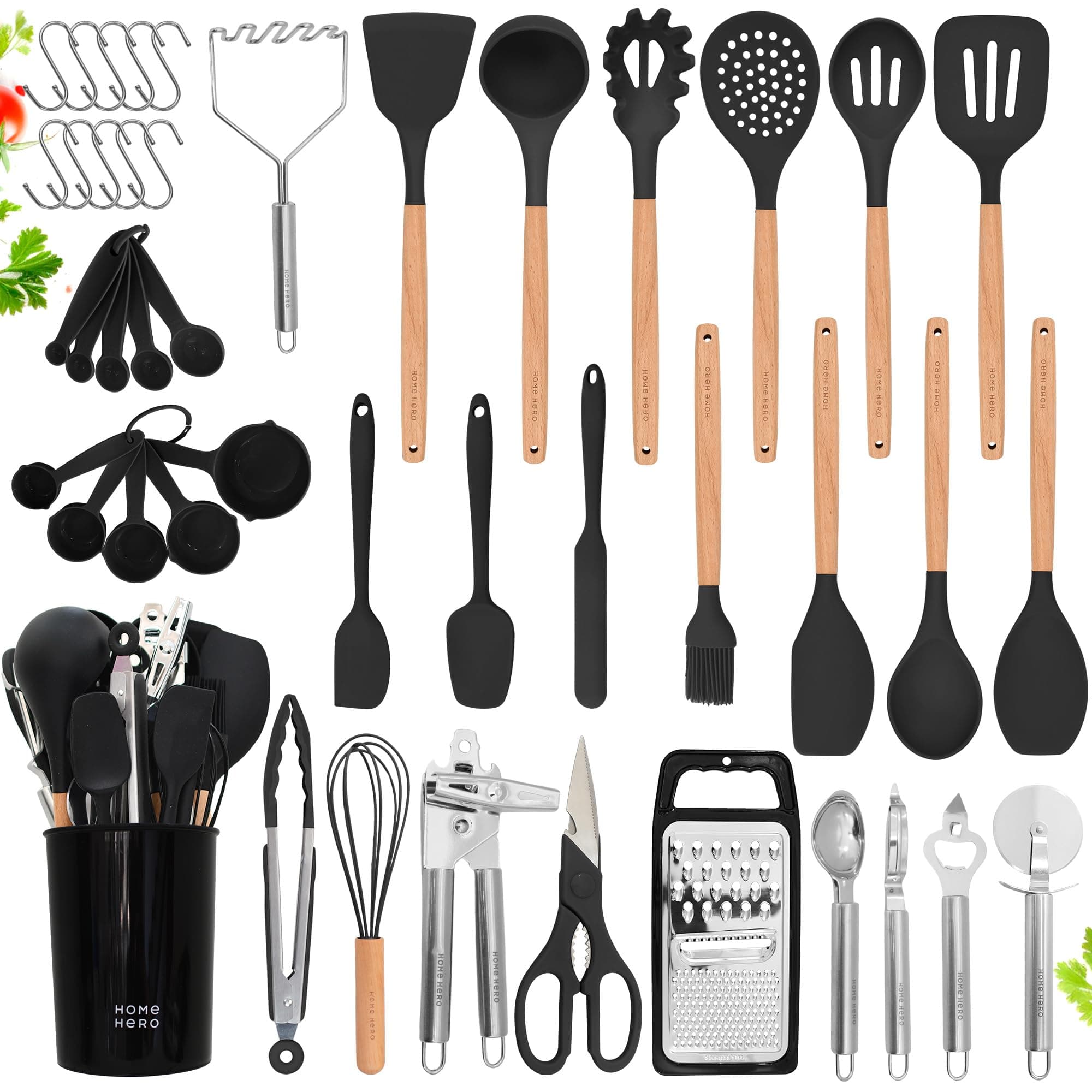 Home Hero Silicone Kitchen Utensils Set, Non-Stick Silicone Cooking Utensils Set with Spatula, Wooden Handle Spatula, Silicone Kitchen Gadgets Utensil Set (44 Pcs - Black)