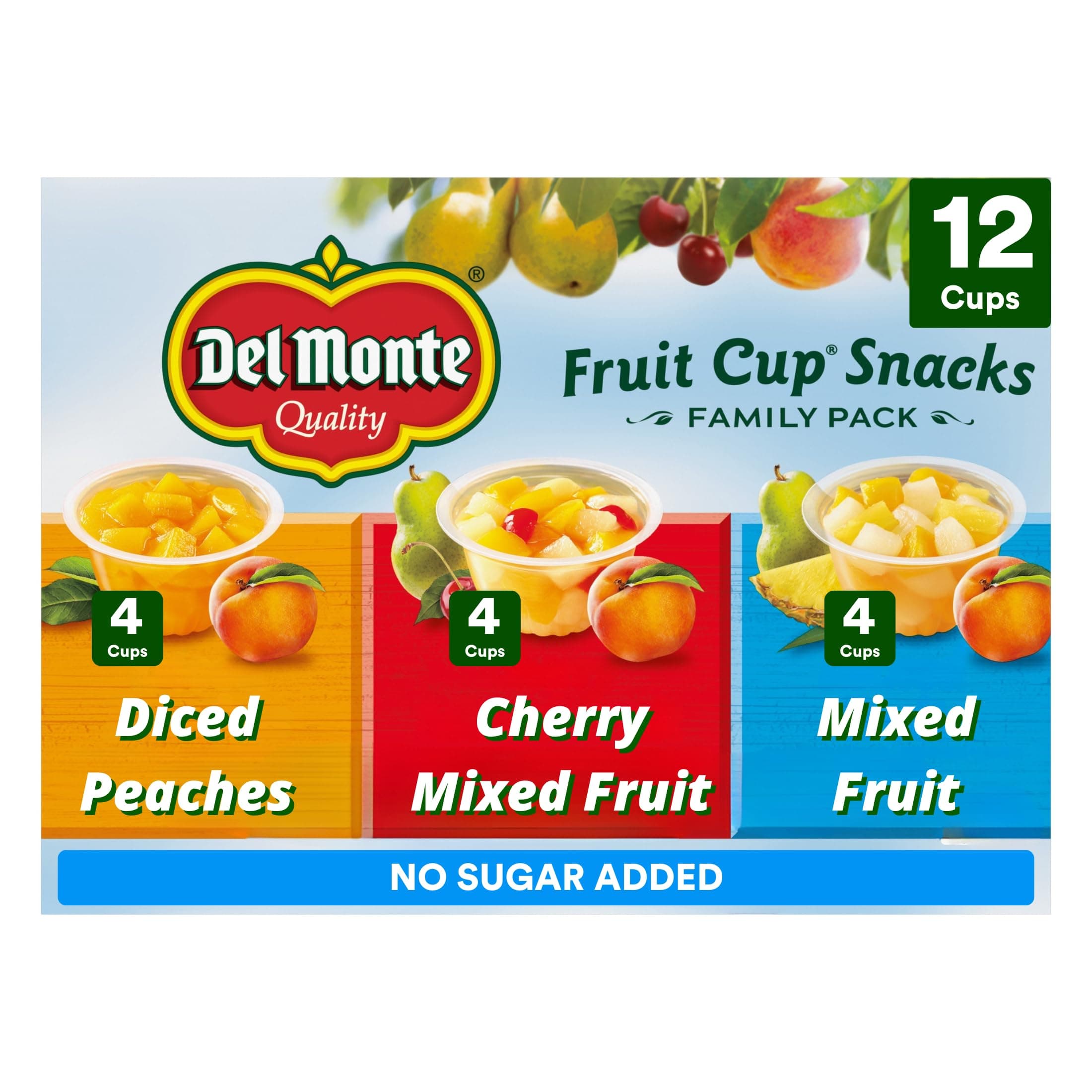 DEL MONTE FRUIT CUP Snacks, Family Pack, No Sugar Added, 12-Pack, 4 oz