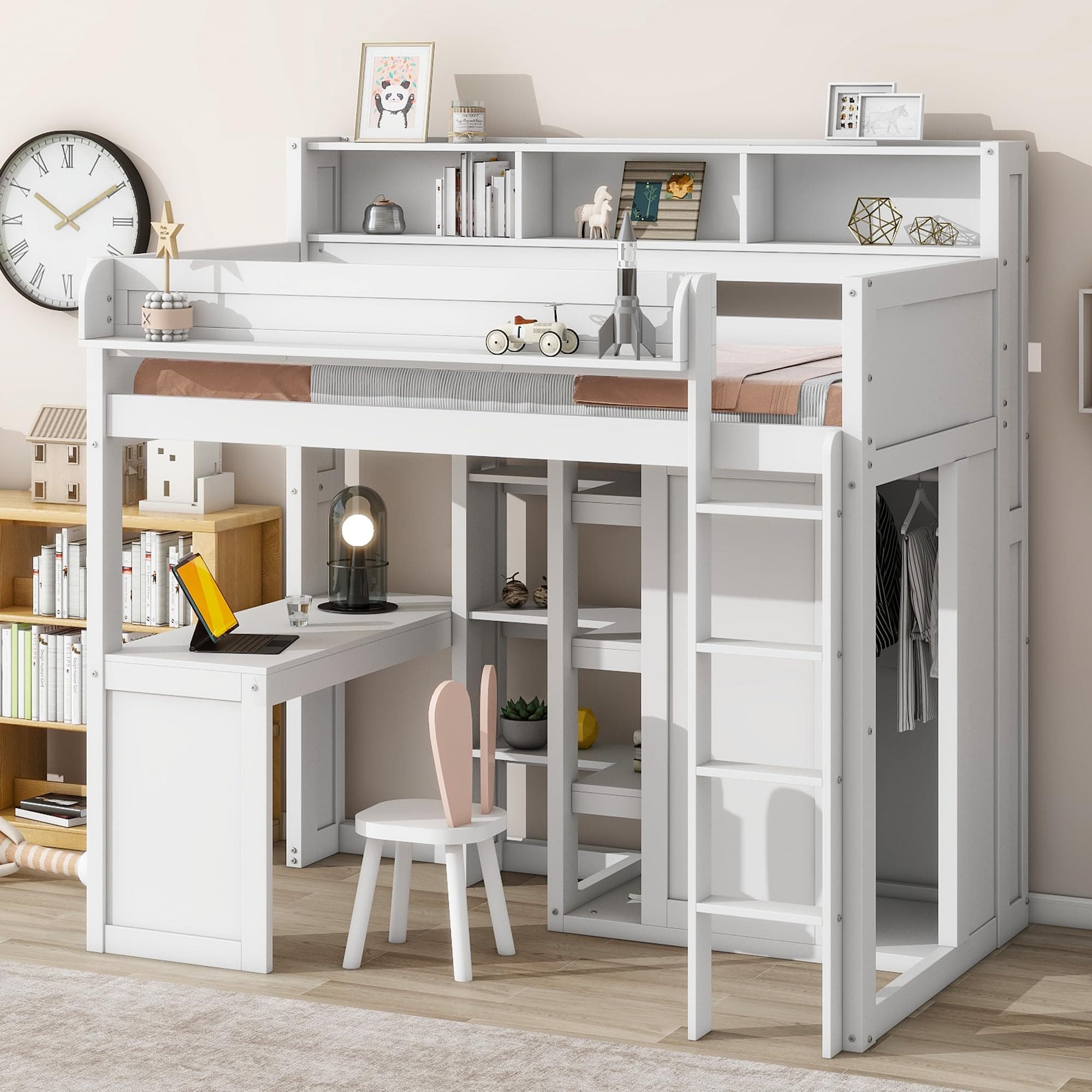 Merax Twin Loft Bed with Storage Shelves and Under-Bed Desk, Wooden Bed Frames with Wardrobe and 3 Cabinets, White