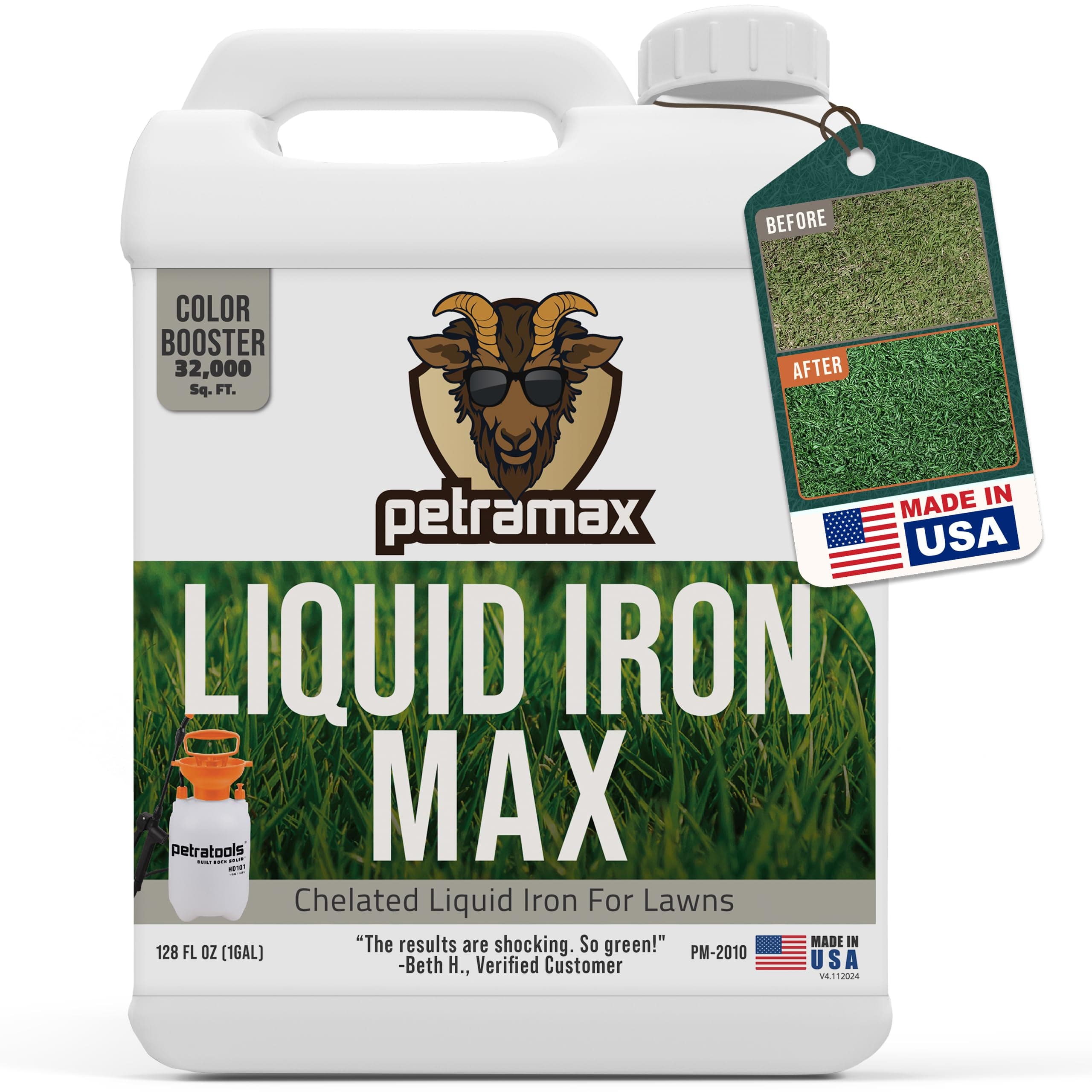 PetraTools Liquid Iron For Lawns - Chelated Iron, Liquid Iron for Plants, Liquid Lawn Fertilizer Concentrate Solutions, Chelated Iron for Plants, Lawn Iron Formula, EDTA-Free & Made In The USA (1 Gal)