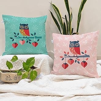 STITCHNEST Set of 2 Polycotton Cushion Covers – 18x18 Inches – Cute Owl & Heart Print in Pink & Teal – Fun and Whimsical Cushion Covers for Kids Room, Sofa & Home Decor
