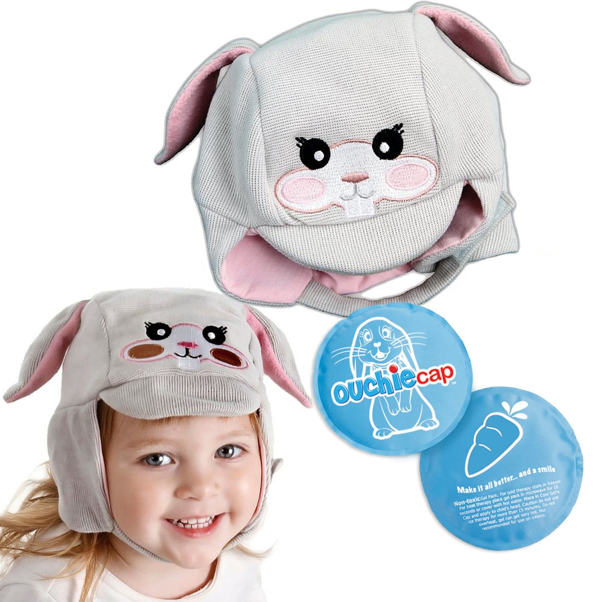 Ouchie Cap Wearable, Hands-Free Hot Cold Gel Pack First Aid Cap for Kids, Hot Cold Therapy Pain Relief Hat for Children, Great for Bumps, Bruises, Fever and More, Tulip The Bunny, 1 Gel Pack