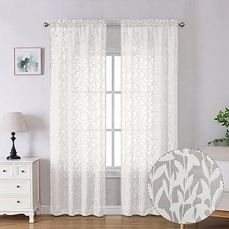 Lecloud Leia Bedroom Ivory Sheer Curtains 90 Inches Long 2 Panels, Texture Patio Door/French Door Curtain Dual Rod Pockets, Farmhouse Leaf Living Room Drapes Window Treatment, 40 W x 90 L