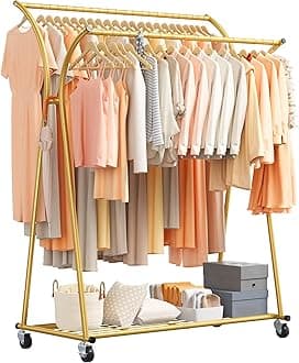 Raybee Clothing Rack with Wheels Heavy Duty Clothes Racks for Hanging Clothes 238LBS Gold Portable Clothes Rack Double Rod Garment Racks 69''H*52''W*20''D