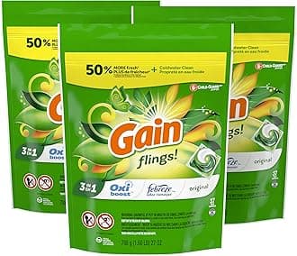 Gain flings! Liquid Laundry Detergent Soap Pacs, HE Compatible, 3 Bag Value Pack, 111 Count, Long Lasting Scent, Original Scent