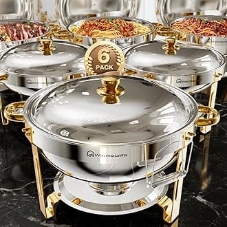 WARMOUNTS Gold Chafing Dishes for Buffet, 5QT Round Chafing Dish Buffet Set w/Lid Holder, Thickened Stainless Steel Chafers and Buffet Warmers Sets for Weddings, Events, Banquet (2)