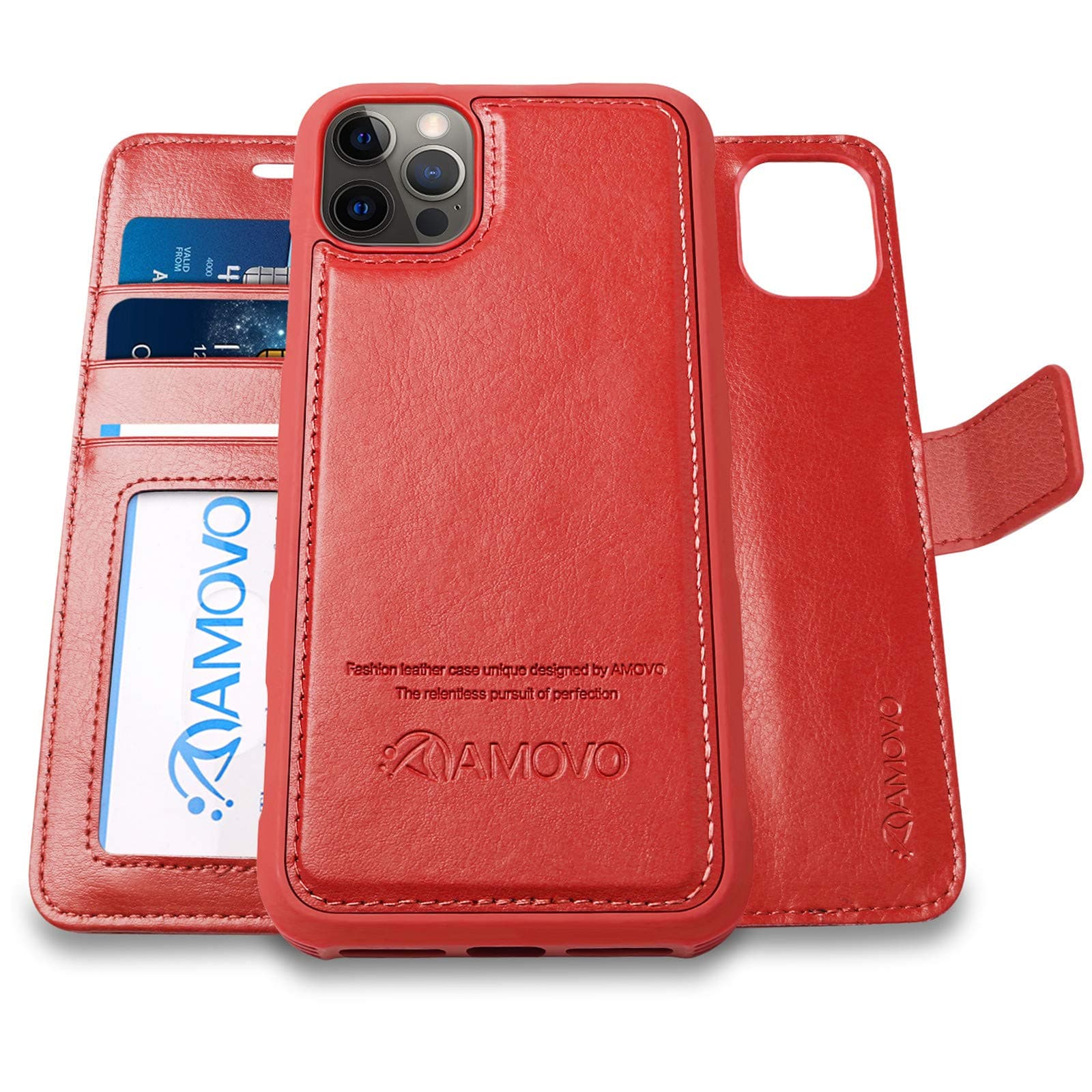 AMOVO Compatible with iPhone 12 Pro Max Case Wallet Detachable [2 in 1][Vegan Leather][Hand Strap][Card Slot][Stand Feature] Flip Folio Case Cover Compatible with iPhone 12 Pro Max (6.7'') (Red)