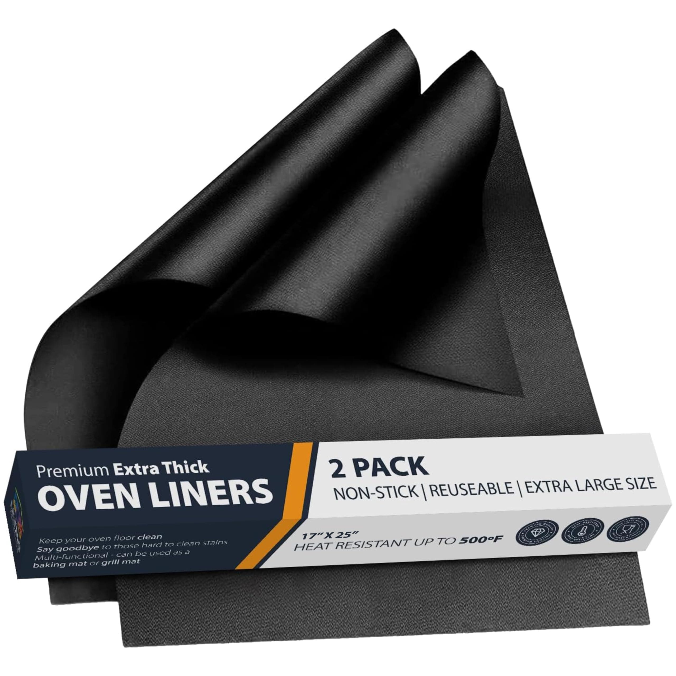 Oven Liners for Bottom of Oven - 2 Pack Large Heavy Duty Mats, 17”x25” Non-Stick Reusable Liner for Electric, Gas, Toaster Ovens, Grills - BPA & PFOA Free Kitchen Accessory to Keep Oven Clean (Black)