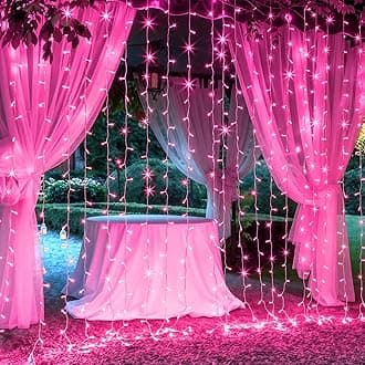 Brightown 300 LED Curtain Lights for Bedroom 9.8 FT Hanging Window Lights with Remote, Connectable, 8 Modes, Waterproof Fairy Lights for Outdoor Indoor Valentine's Day Christmas Holiday Party, Pink