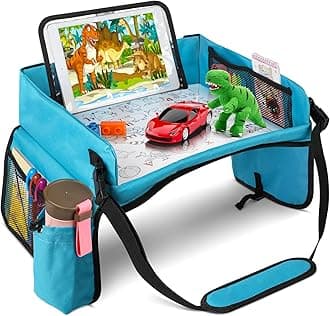 BUENAVO [New Version] Car Seat Organizer Kids Travel Tray for Kids Toddlers Activities in Car Seat, Stroller, Airplane | Waterproof Dry Erase Top | Side Pocket & Water Bottle Holder