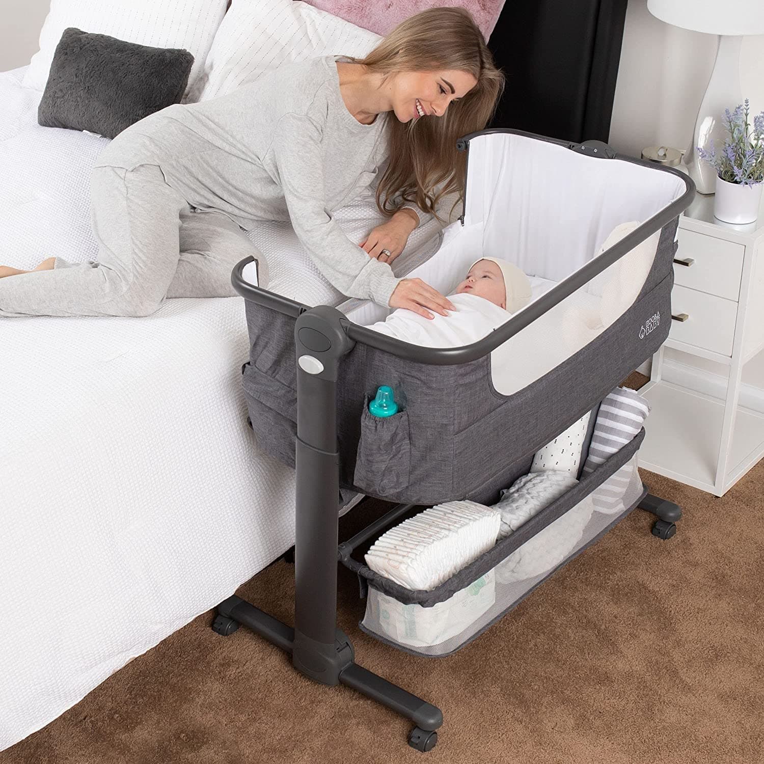 KoolerThings Baby Bassinet, Bedside Sleeper for Baby, Easy Folding Portable Crib with Storage Basket for Newborn, Bedside Bassinet, Comfy Mattress/Travel Bag Included