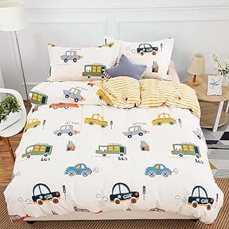 DJY Cars Cartoon Duvet Cover Set Queen Size, 3 Pieces 100% Cotton Breathable Bedding Sets (1 Duvet Cover+2 Pillowcases), Reversible Stripes Printed Comforter Cover Set for Kids Teens Boys Girls