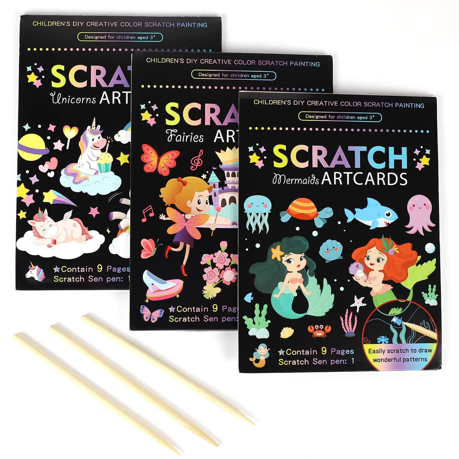 OPUHOHR 3 Set Magic Scratch Paper Art, Colorful Magic Drawing Art Book with 3 Scratch Pen for Birthday Halloween Christmas Party Games Projects Kits (Mermaid/Princess)