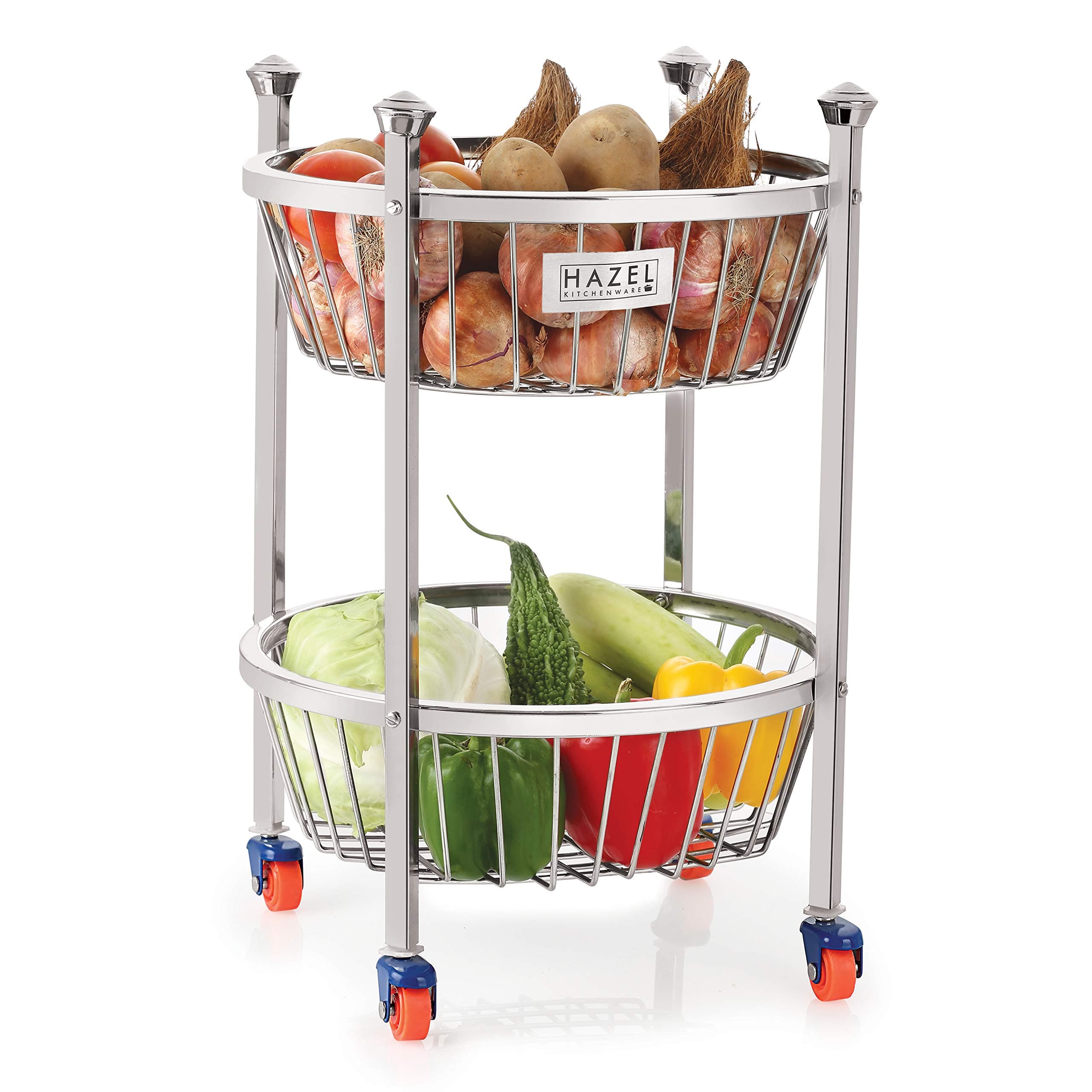 HAZEL Stainless Steel Fruit Vegetable Basket Kitchen Storage Trolley Rack Round Stand with Wheel