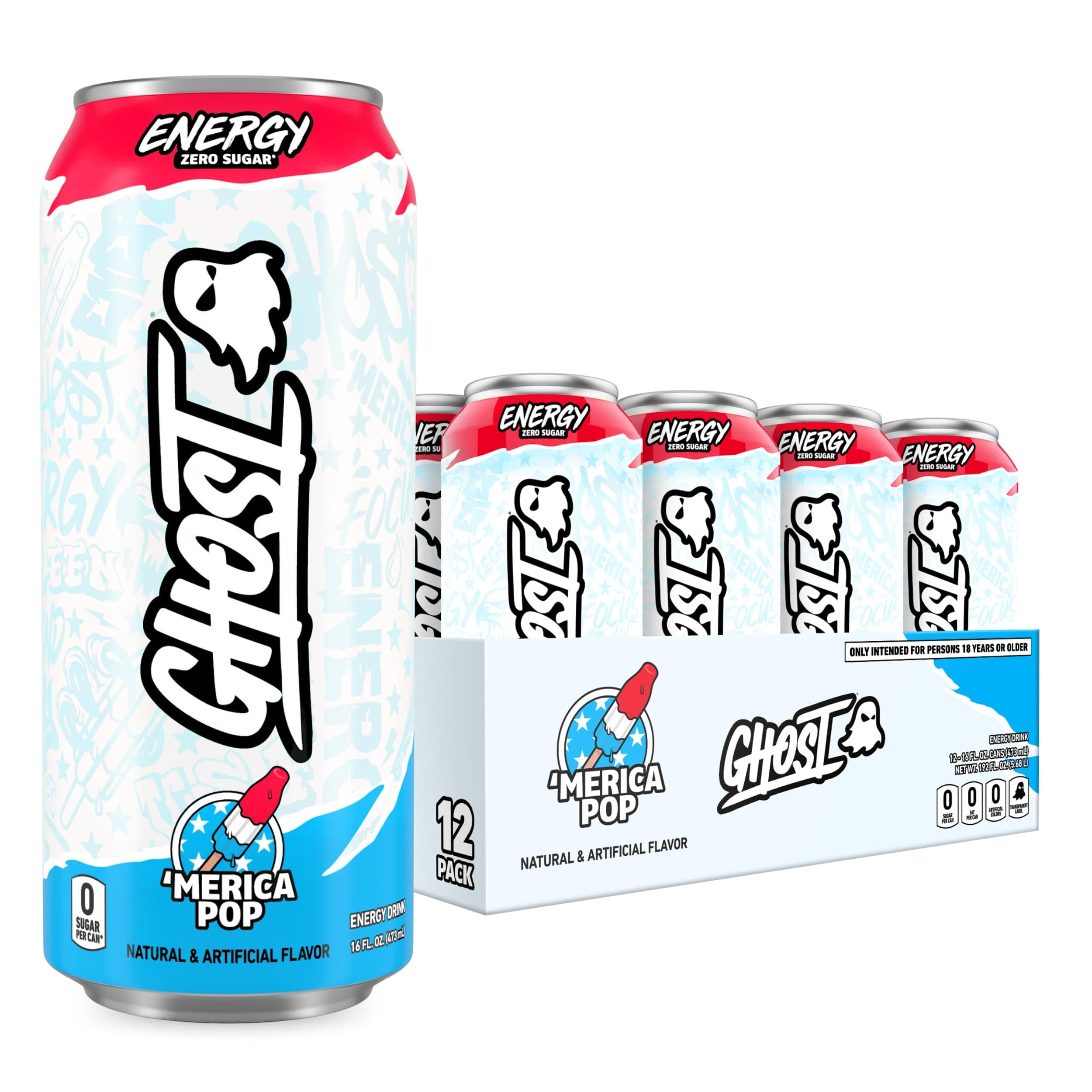 GHOST Energy Drink - 12-Pack, 'Merica Pop, 16oz Cans - Energy & Focus & No Artificial Colors - 200mg of Natural Caffeine, L-Carnitine & Taurine - Gluten-Free & Vegan