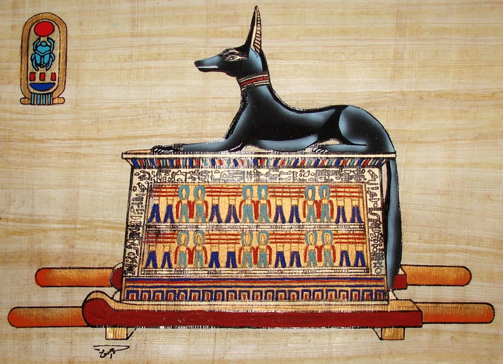 Egyptian Hand-Painted Papyrus Artwork (Imported): Reclining Anubis from King Tut's Tomb
