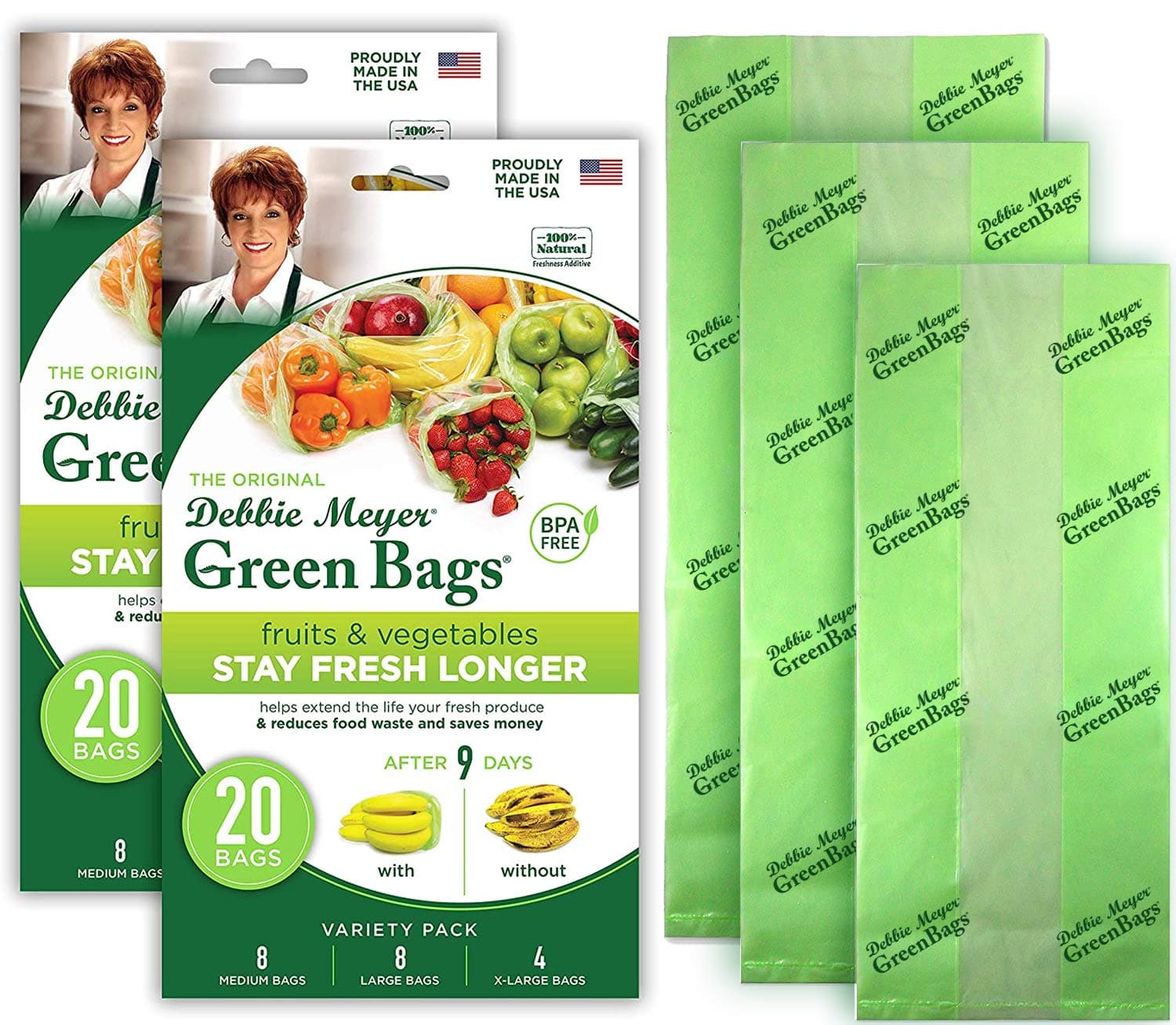 Debbie Meyer, GreenBags 40-Pack (16M, 16L, 8XL) | Reusable Storage Bags Keeps Fruit, Vegetables, Produce, Cut Flowers Fresh Longer, Kitchen & Fridge Preservation Solution, BPA Free, Made in the USA