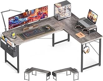 Casaottima L Shaped Computer Desk with Storage Bag, 57.5 Inch Reversible Gaming Desk, Home Office Corner Desk with Monitor Shelf, Space-Saving Writing Workstation Table, Easy to Assemble, Grey Oak