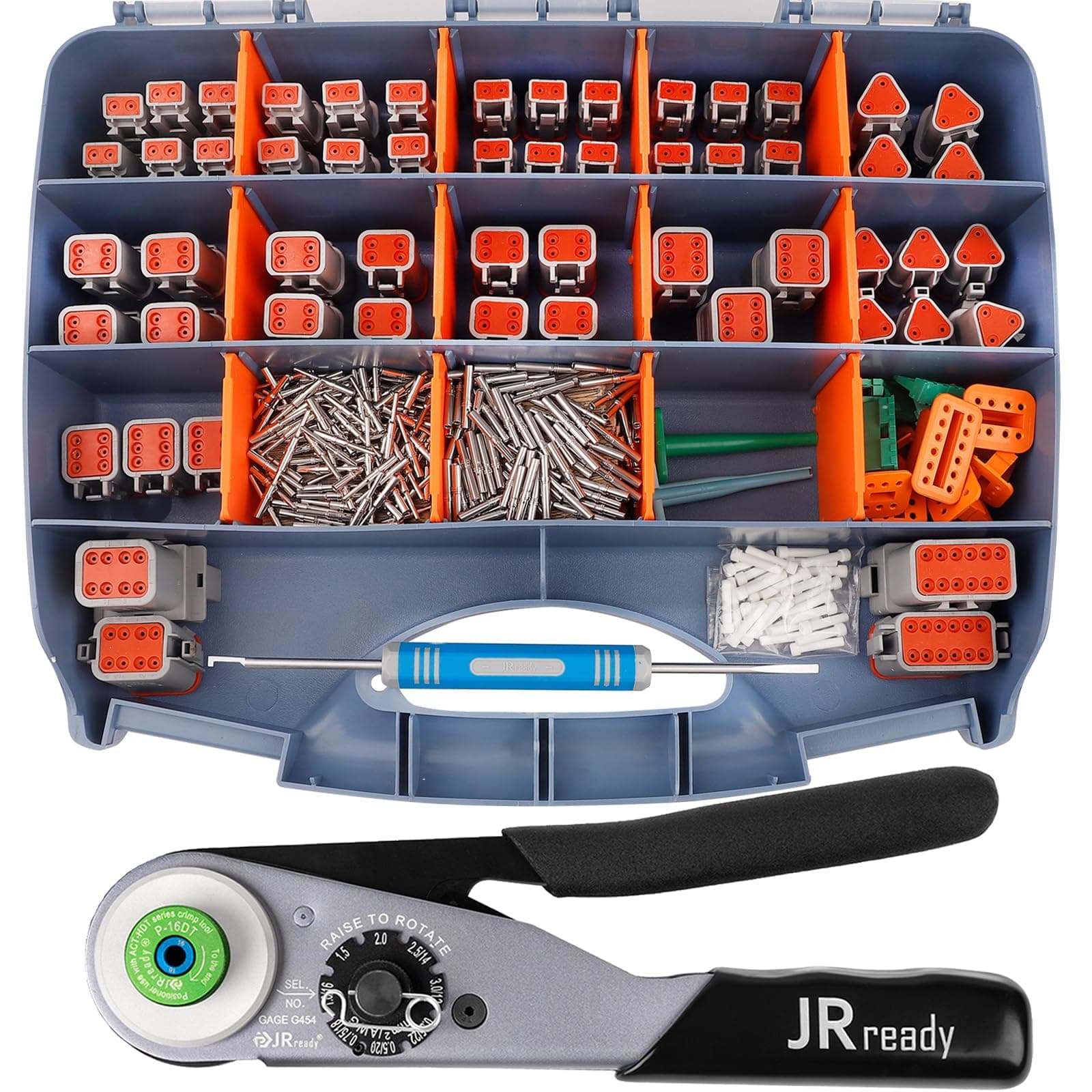 JRready ST6359 Deutsch Connector Kit, 2 3 4 6 8 12 Pin DT Connectors, Size 16 Solid Contacts 16-20AWG, Deutsch Crimp Tool, Deutsch Pin Removal Tool. Waterproof Automotive Electrical Connectors