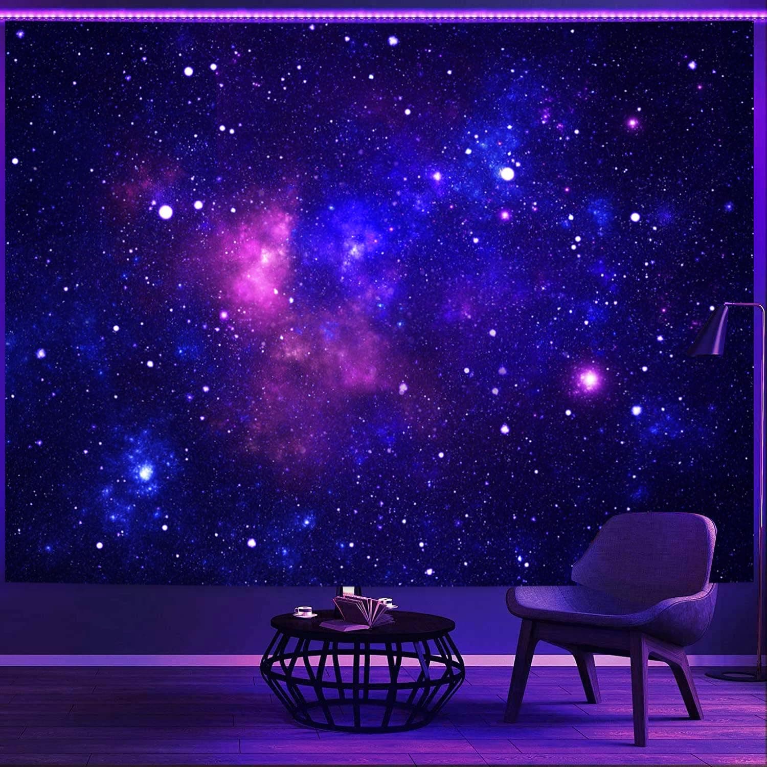 Simpkeely Blacklight Galaxy Tapestry, Blue Space Starry Sky Night Universe Wall Hanging, UV Reactive Glow in the Dark Purple Party Backdrop Aesthetic Tapestry for Bedroom - 130cm x 150cm
