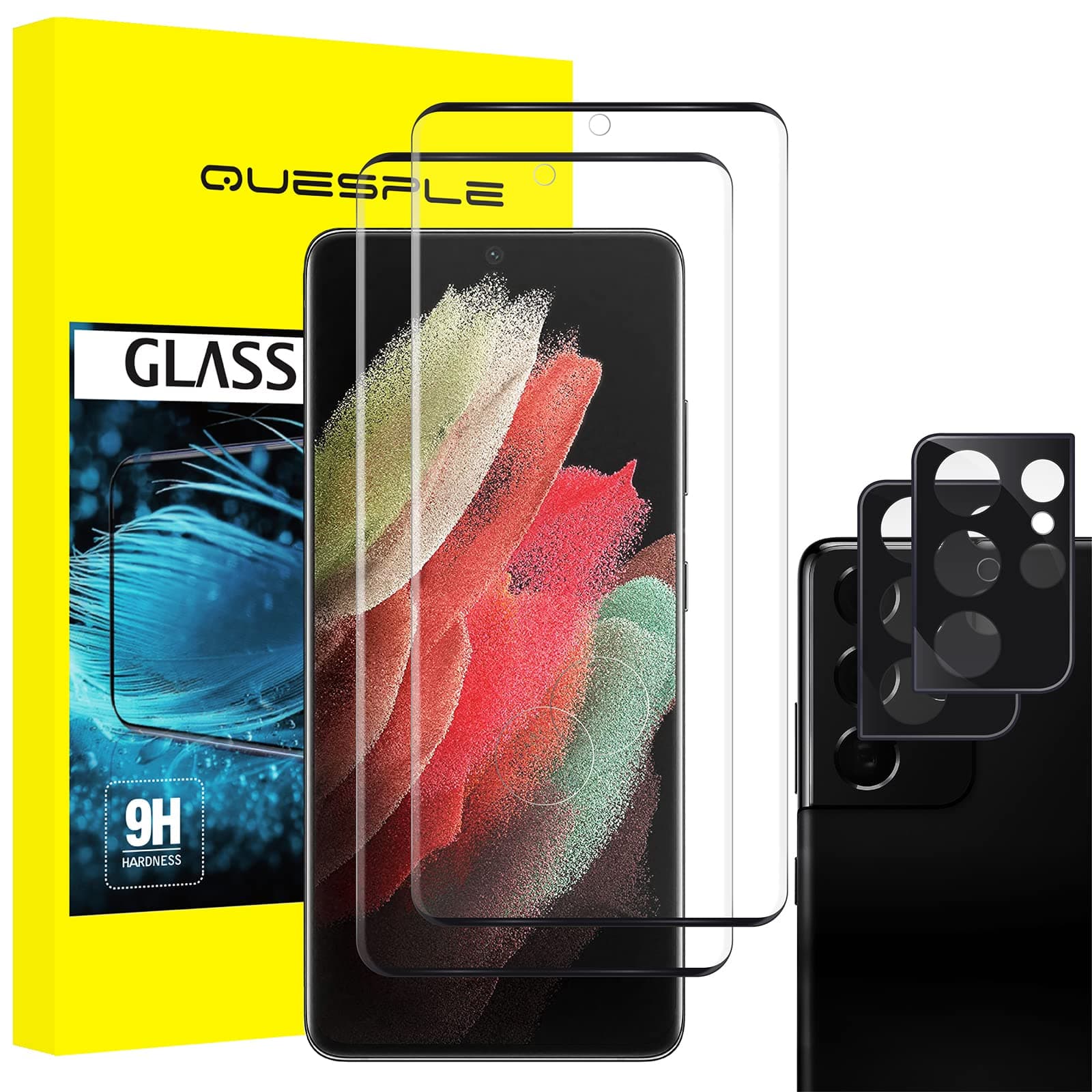 QUESPLE Samsung Galaxy S21 Ultra Screen Protector + Camera Lens Protectors [2+2 Pack], HD Fingerprint unlock Full Coverage Samsung S21 Ultra Tempered Glass Screen Protector Film [Anti-Scratch]