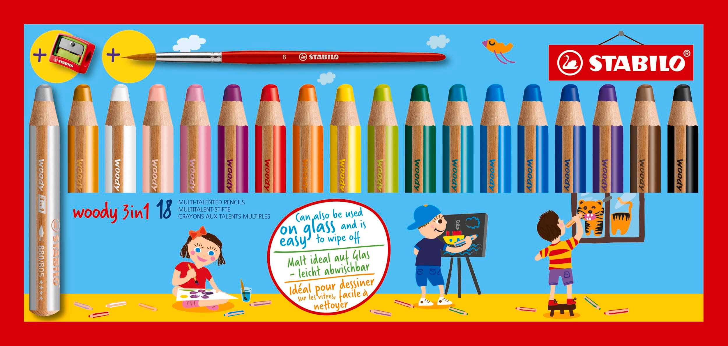 STABILO Multi-Talented Pencil - woody 3 in 1 - Pack of 18 - Assorted Colours with Sharpener and Paint Brush