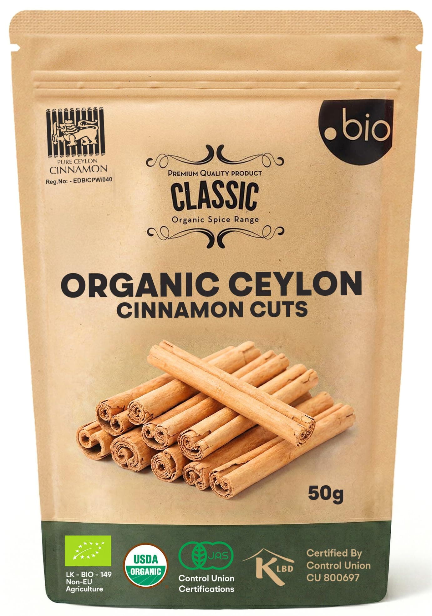 Organic Ceylon Cinnamon Sticks | USDA Certified Organic |100% Ceylon Cinnamon | Premium Quality TrueCinnamon| 1.76 oz (50g) Resealable Bag