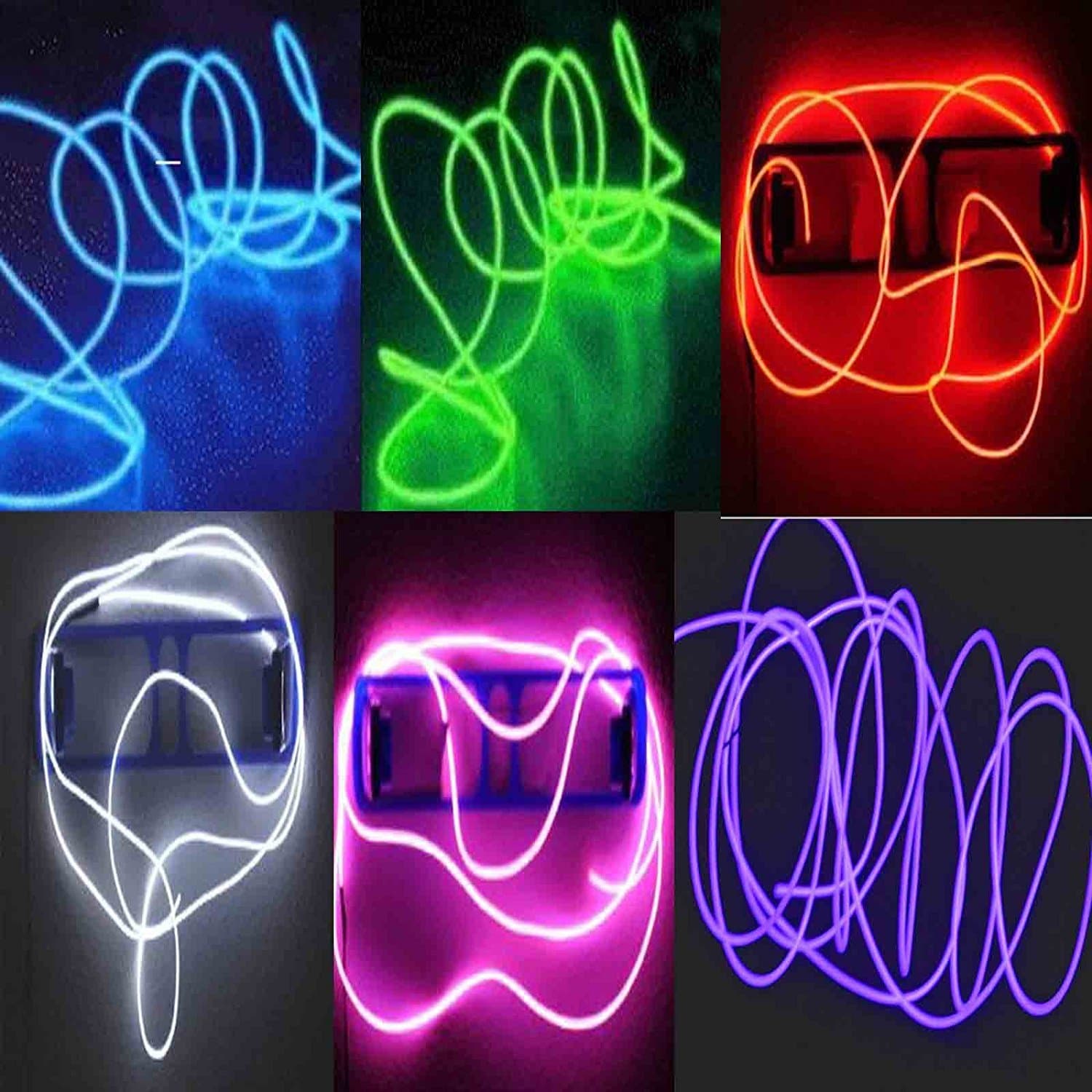 6 Pack Neon Glowing Strobing Electroluminescent Wire/El Wire(Blue, Green, Red, Pink, Purple, White) + 3 Modes Battery Controllers