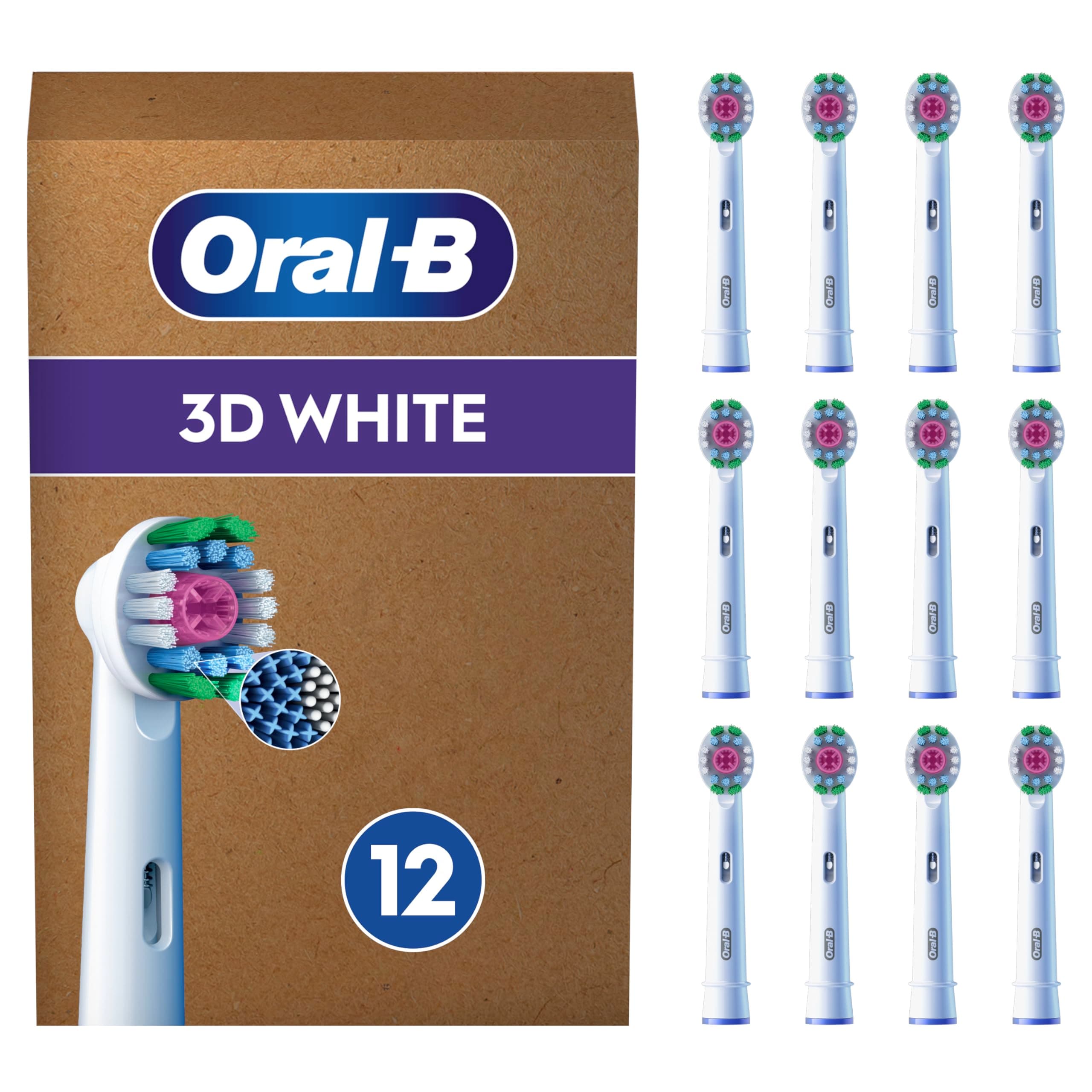 Pro 3D White ORIGINAL Electric Toothbrush Head,X-Shaped Bristles and Unique Polishing Cup for Teeth Whitening and to Remove Surface Stains,Pack of 12 Toothbrush Heads,Suitable for Mailbox,White