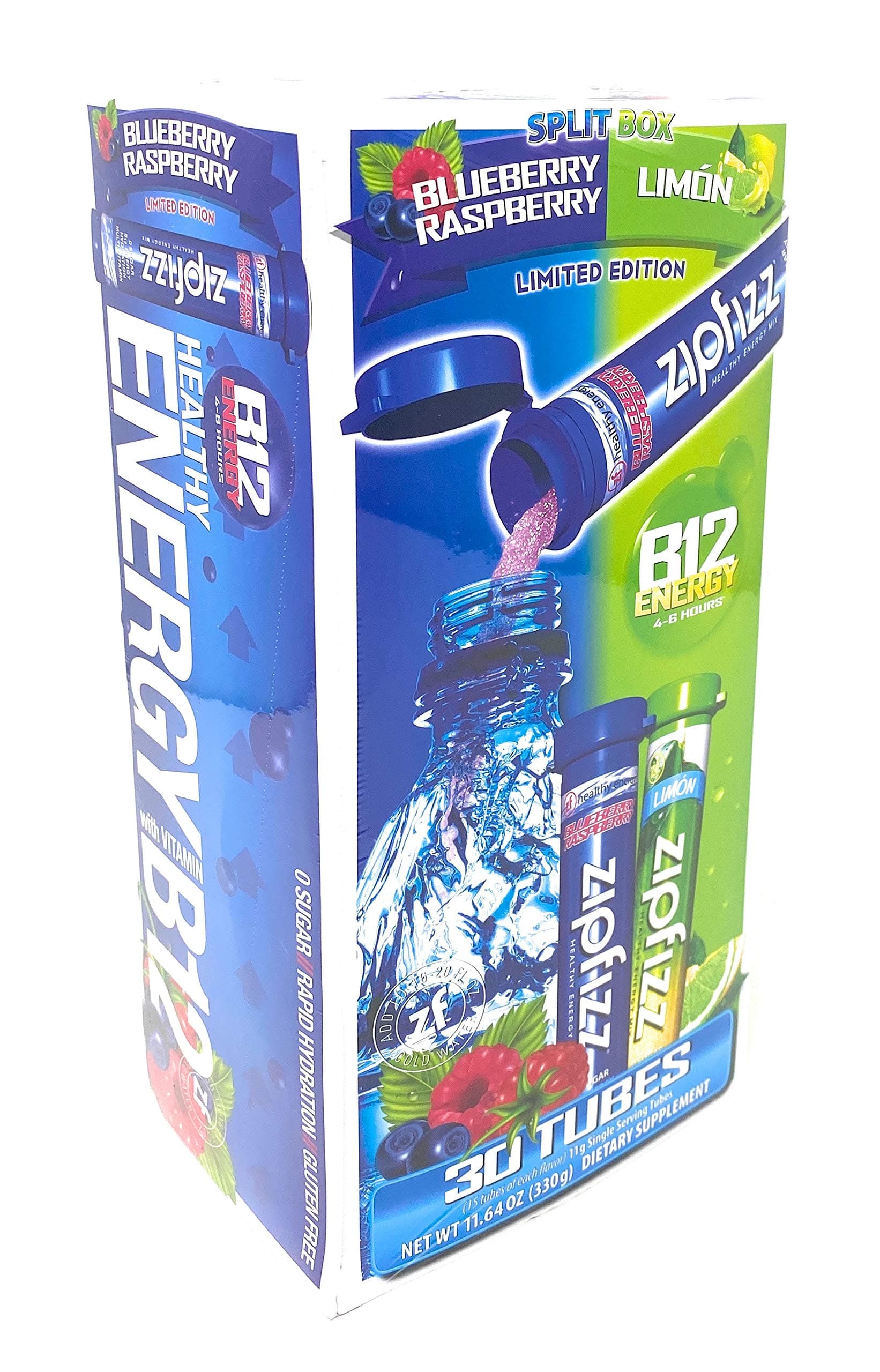 Zipfizz Healthy Energy Drink Mix, Hydration with B12 and Multi Vitamins,Split Box Blueberry Raspberry & Limon Limited Edition 30 Tubes (330 g),0.38 Ounce (Pack of 30)