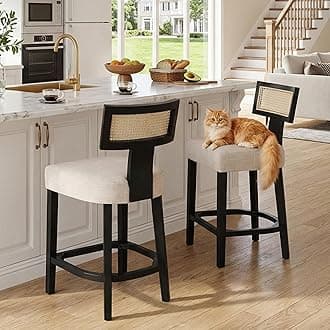 26’’ Rattan Barstools with Back Counter Height Bar Stools Set of 2, Beige Linen Modern Kitchen Counter Stools Upholstered Farmhouse Wicker Bar Stools Woven Boho Bar Stool Chairs with Black Wood Frame