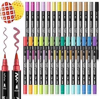 Dual Tip Metallic Acrylic Paint Pens, 28 Colours Fine & Brush Paint Marker Pens, Paint Pens for Rock Painting, Ceramic, Wood, Fabric, Art Marker Pen Set for Adults on Christmas Easter