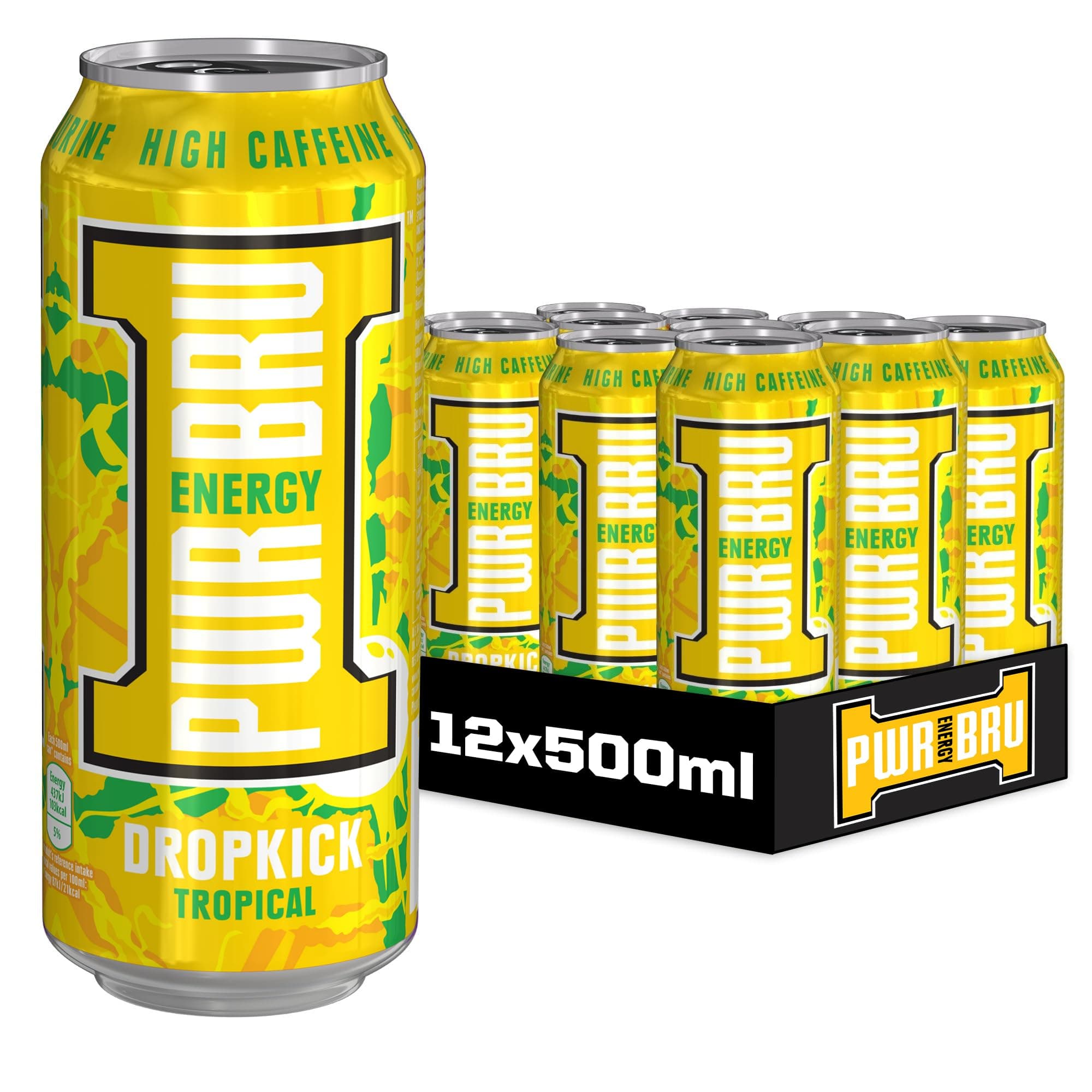 𝐏𝐖𝐑-𝐁𝐑𝐔 DropKick Tropical 12 Pack Big Can Energy Drink with High Caffeine, Taurine and Vitamins - 12 x 500ml Cans