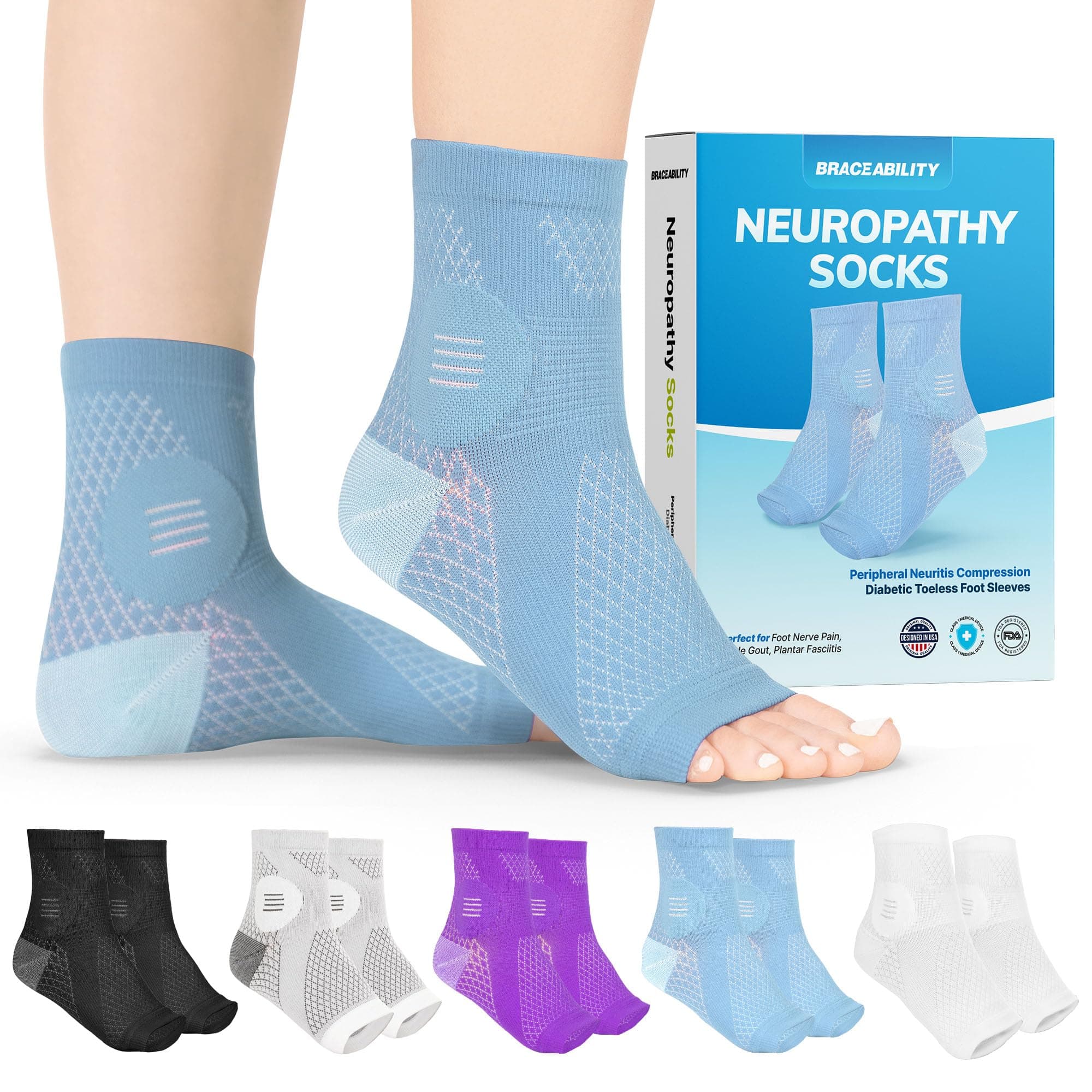 BraceAbility Neuropathy Socks (Pair) - Peripheral Neuritis Compression Diabetic Toeless Foot Sleeves for Nerve Damage Pain in Feet, Ankle Gout, Plantar Fasciitis Relief Brace for Men and Women (M - Light Blue)