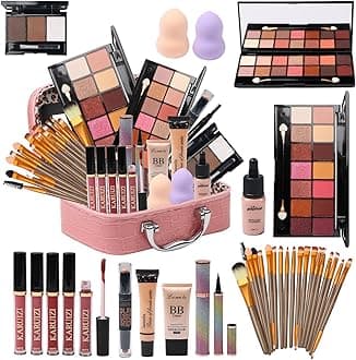 All in One Makeup Kit for Makeup storage bag 2X14 Colors Eyeshadow Palette Liquid Foundation Eyeliner Pencils Contouring Stick 20Pcs Make up Brushes For Women Girls Teens (Pink)