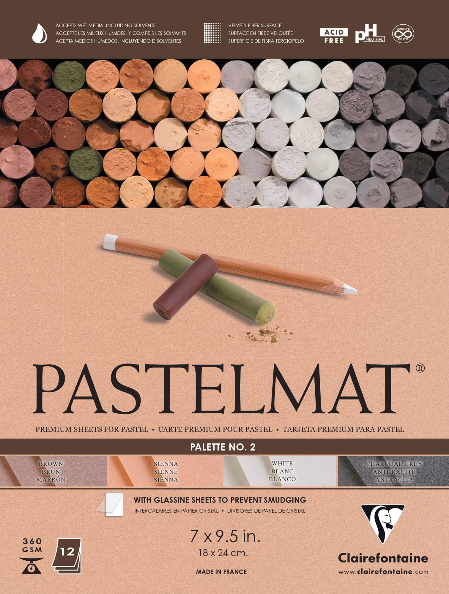 Pastelmat Glued Pad - Palette No. 2 - (7 x 9 1/2 Inches) 18 x 24 cm - 360g - 12 Sheets - Sienna, White, Brown, Charcoal Grey