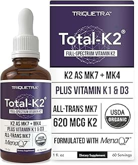 Total K2® | Vitamin K2 as MK7 & MK4 | Plus K1 & Vitamin D3 Cofactor - 620 mcg K2 per Serving - All-Trans MK7 from MenaQ7® - Full-Spectrum Vitamin K - Vegan, Organic Certified (Liquid 1 oz)