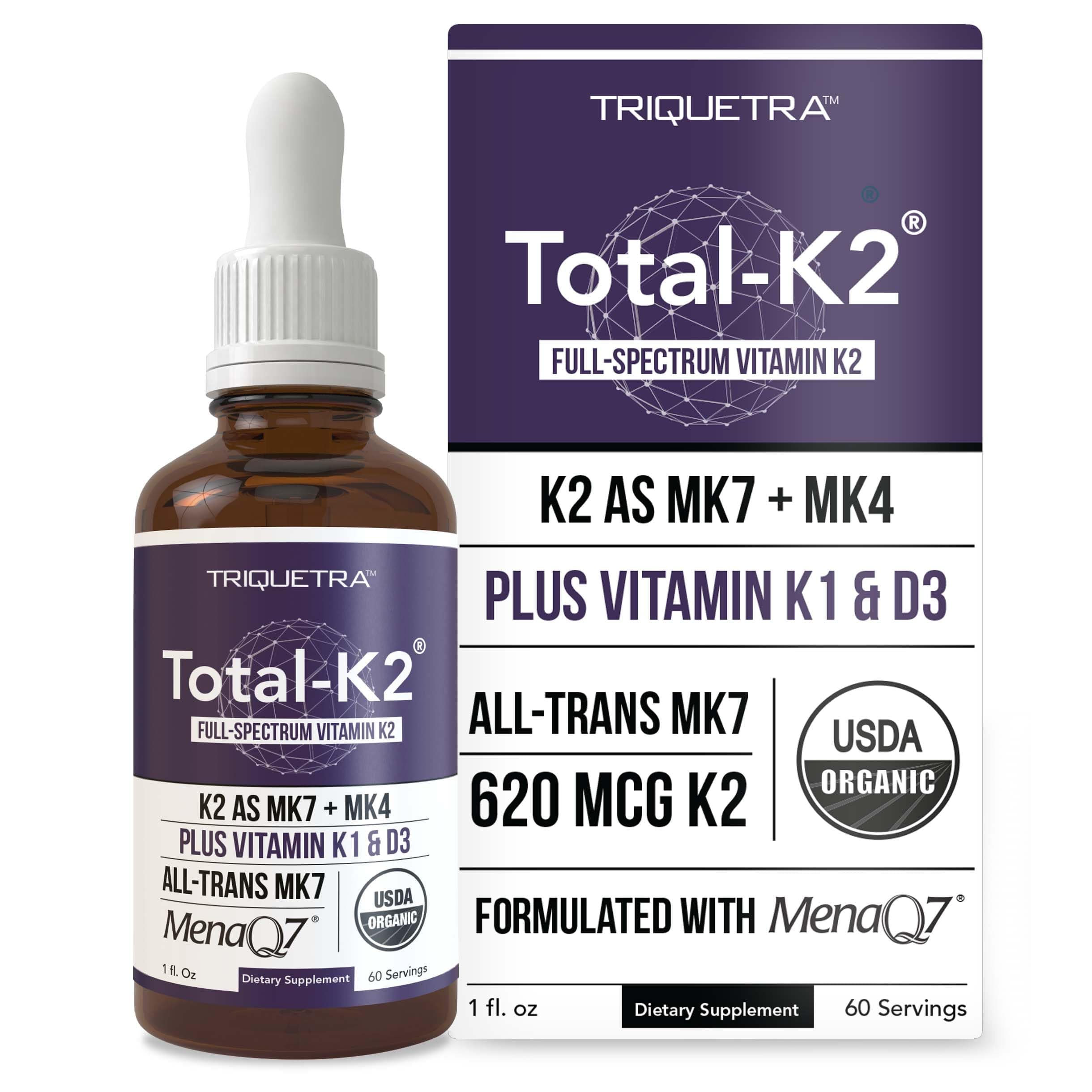Total K2® | Vitamin K2 as MK7 & MK4 | Plus K1 & Vitamin D3 Cofactor - 620 mcg K2 per Serving - All-Trans MK7 from MenaQ7® - Full-Spectrum Vitamin K - Vegan, Organic Certified (Liquid 1 oz)