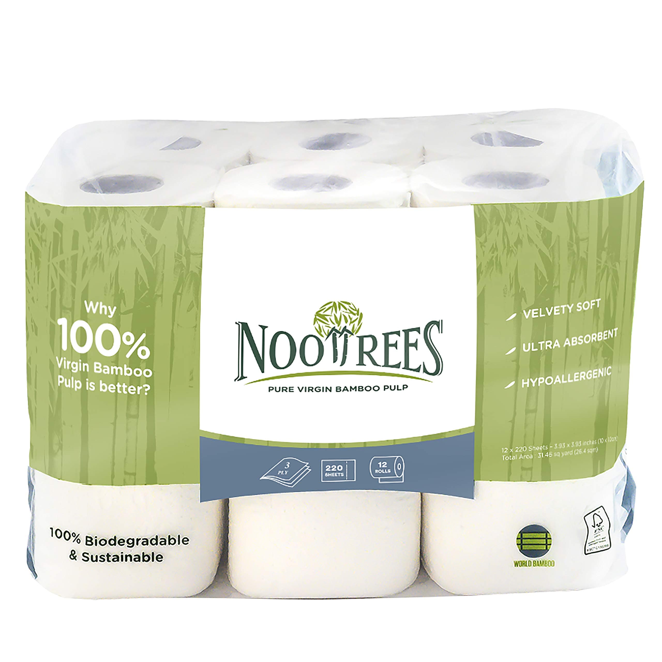 NooTrees Bamboo Toilet Tissue, 220 Sheets, 12 Rolls, Pack of 1 | Septic Safe, Tree Free, 100% Biodegradable, Eco Friendly, 3-Ply, FSC Certified