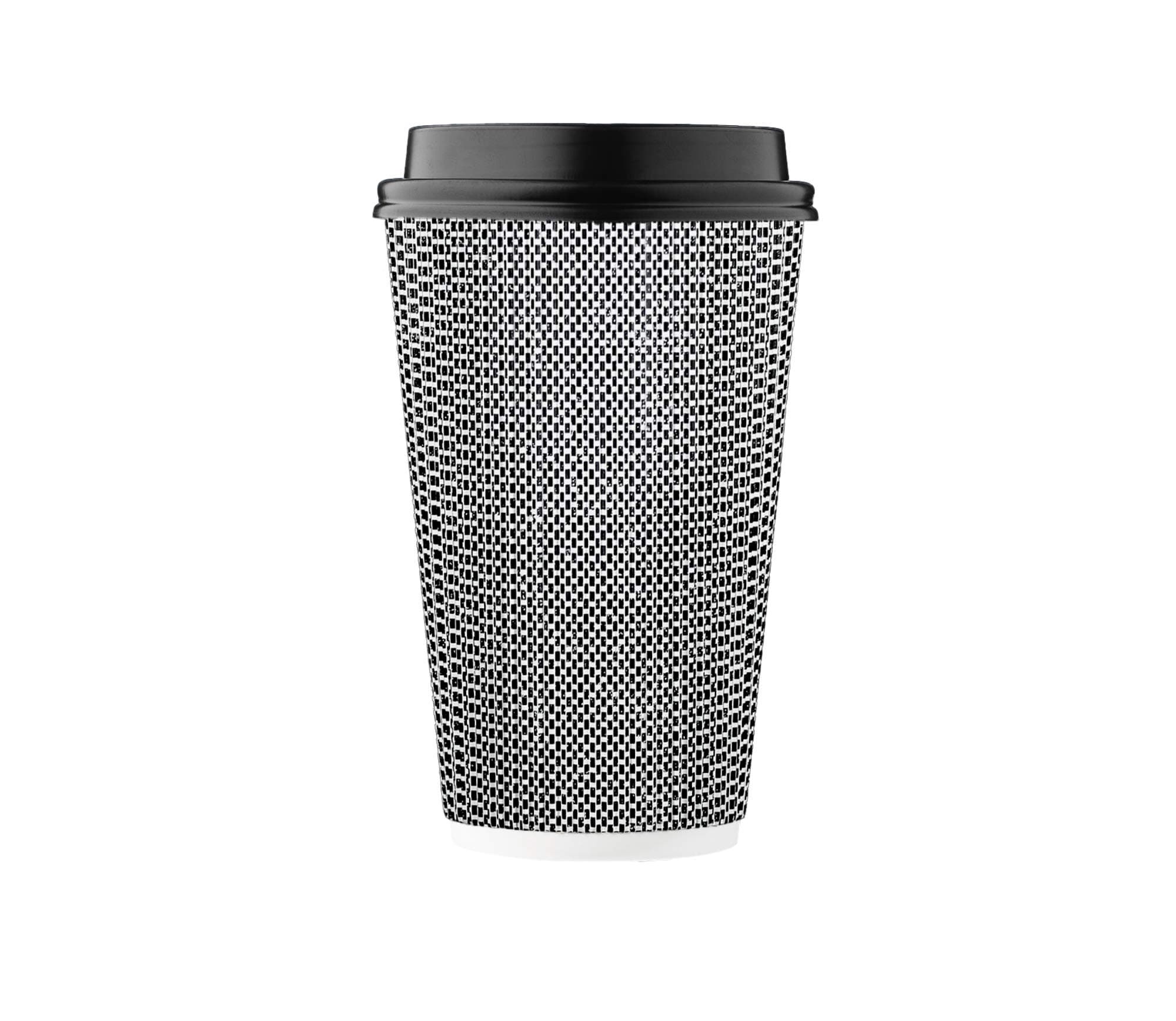 HARVEST PACK 16 oz Insulated Ripple Double-Walled Paper Cup with Lid, Black and White Geometric, Coffee Tea Hot Chocolate Drinks To go [85 SET]