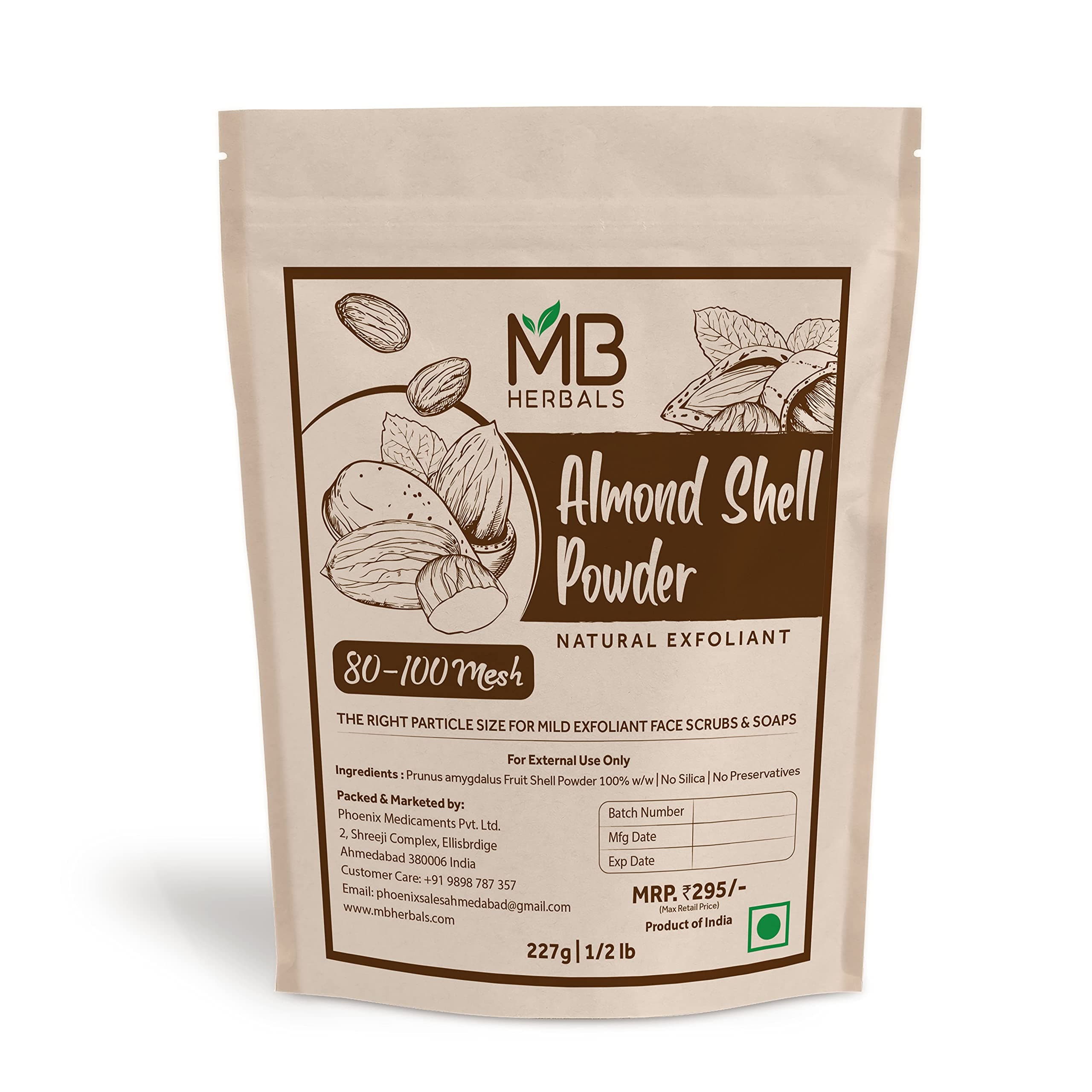MB Herbals Almond Shell Powder 227g | 8 oz/Half Pound | The Right Particle Size 80-100 Mesh for Natural Face Scrubs Soaps & Exfoliating Face Masks | Exfoliates Skin Gently