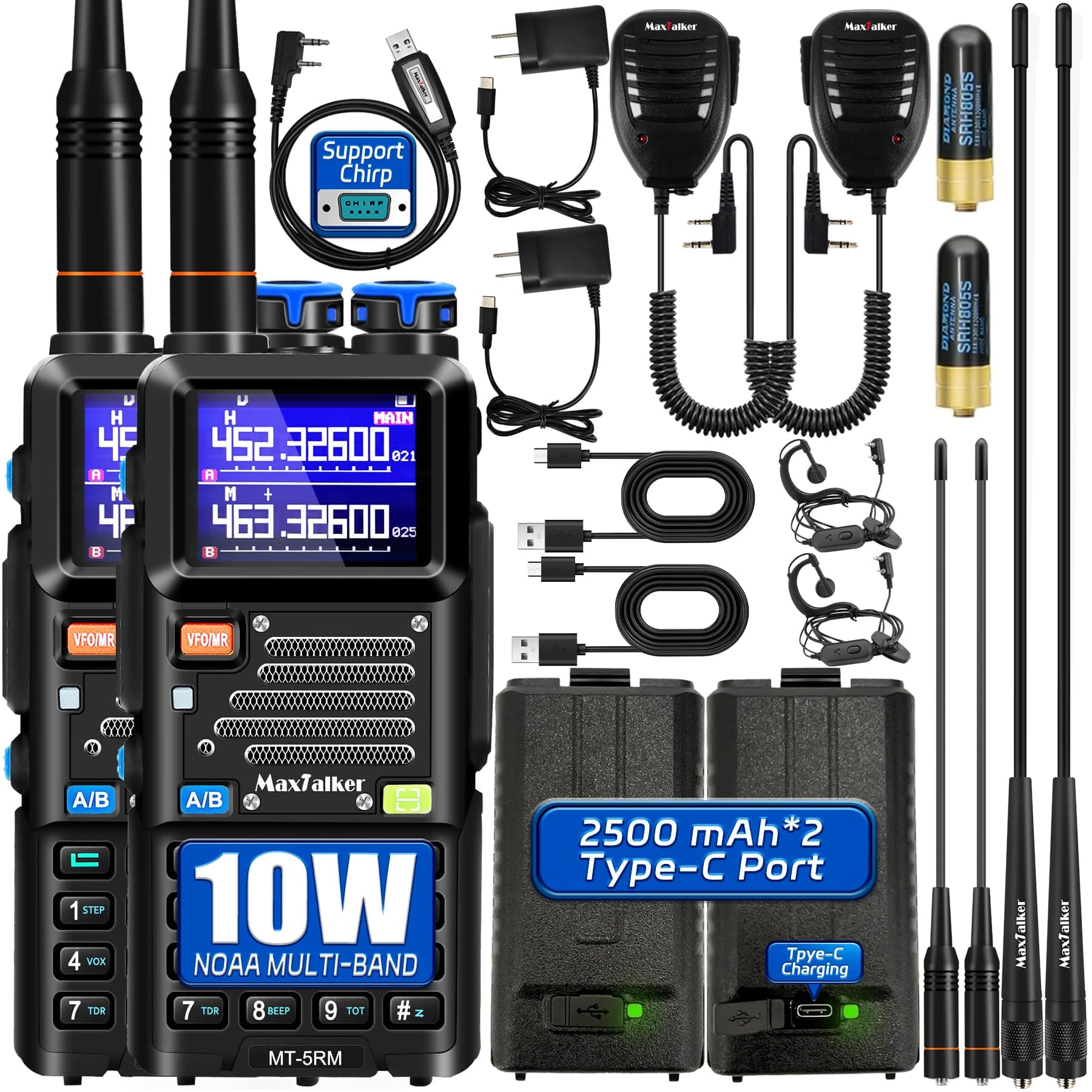 5RM Ham Radio Handheld 10W: Ham Rasios Long Range with NOAA Weather Receiver, Upgraded Antenna, Speaker Mic, Programming Cable, 2500mAh Battery Type-C Charging for Work,Camping,Hunting Essential 2Pack