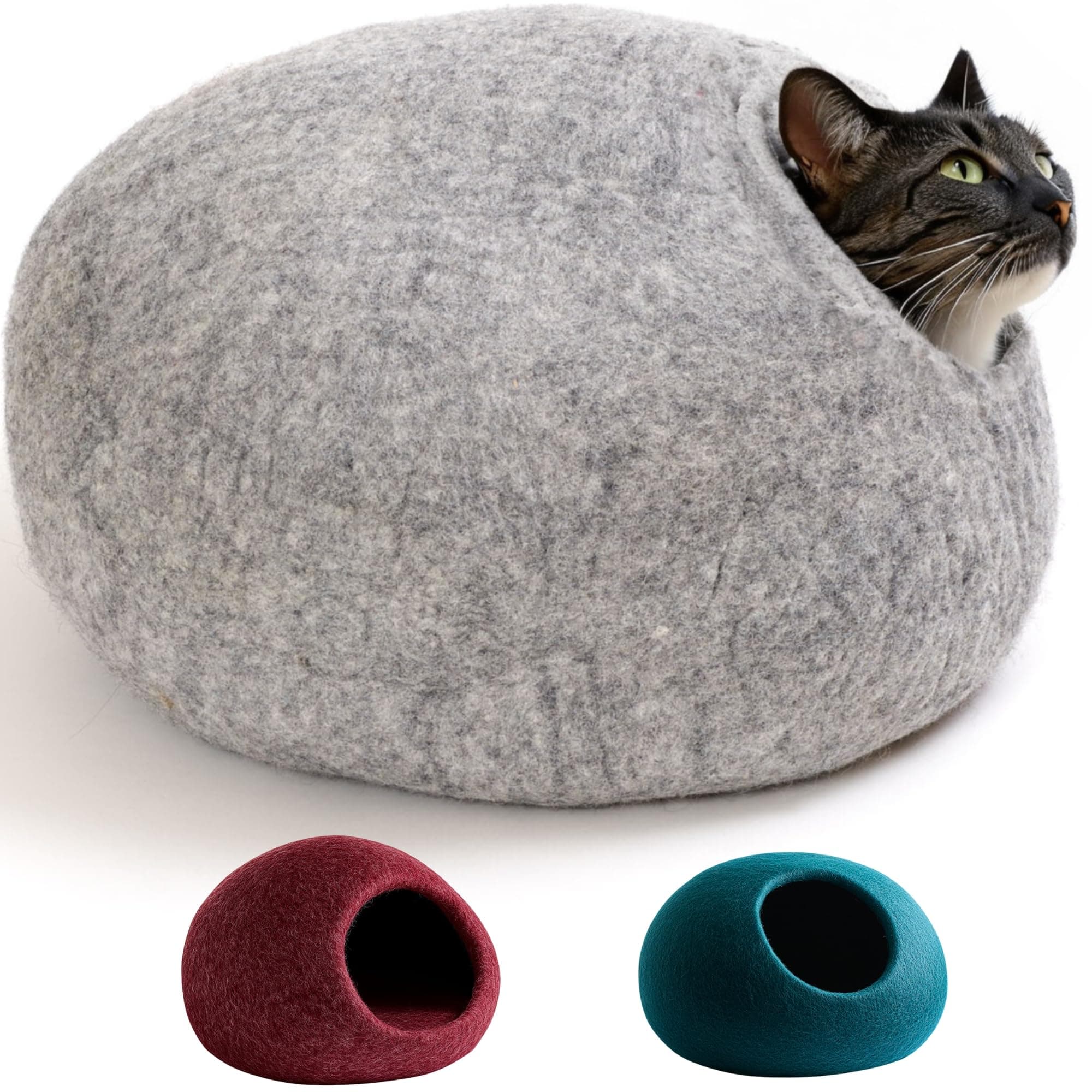 Cat bed cat cave cat house XL – also for big cats or small dogs – sturdy outside & cuddly soft inside – handmade of New Zealand wool – light grey