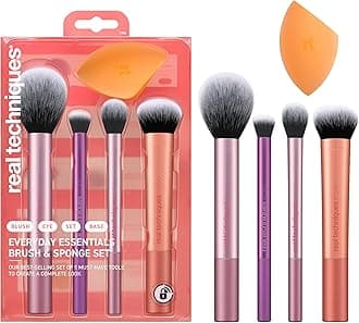 5 Piece Everyday Essentials Makeup Brush Set, Includes 4 Brushes & Makeup Sponge, For Foundation, Blush, Bronzer, Contour, Eyeshadow, & Powder, Travel Gift Set, Cruelty-Free & Vegan