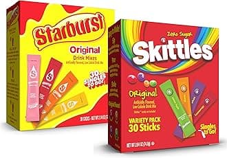 - Skittles & Starburst Singles To Go Original & Starburst Flavors, 60 Count Variety Pack, Watertok Powdered Drink Mix, Zero Sugar, Low Calorie, Includes 4 Tropical & 4 Starburst Flavors