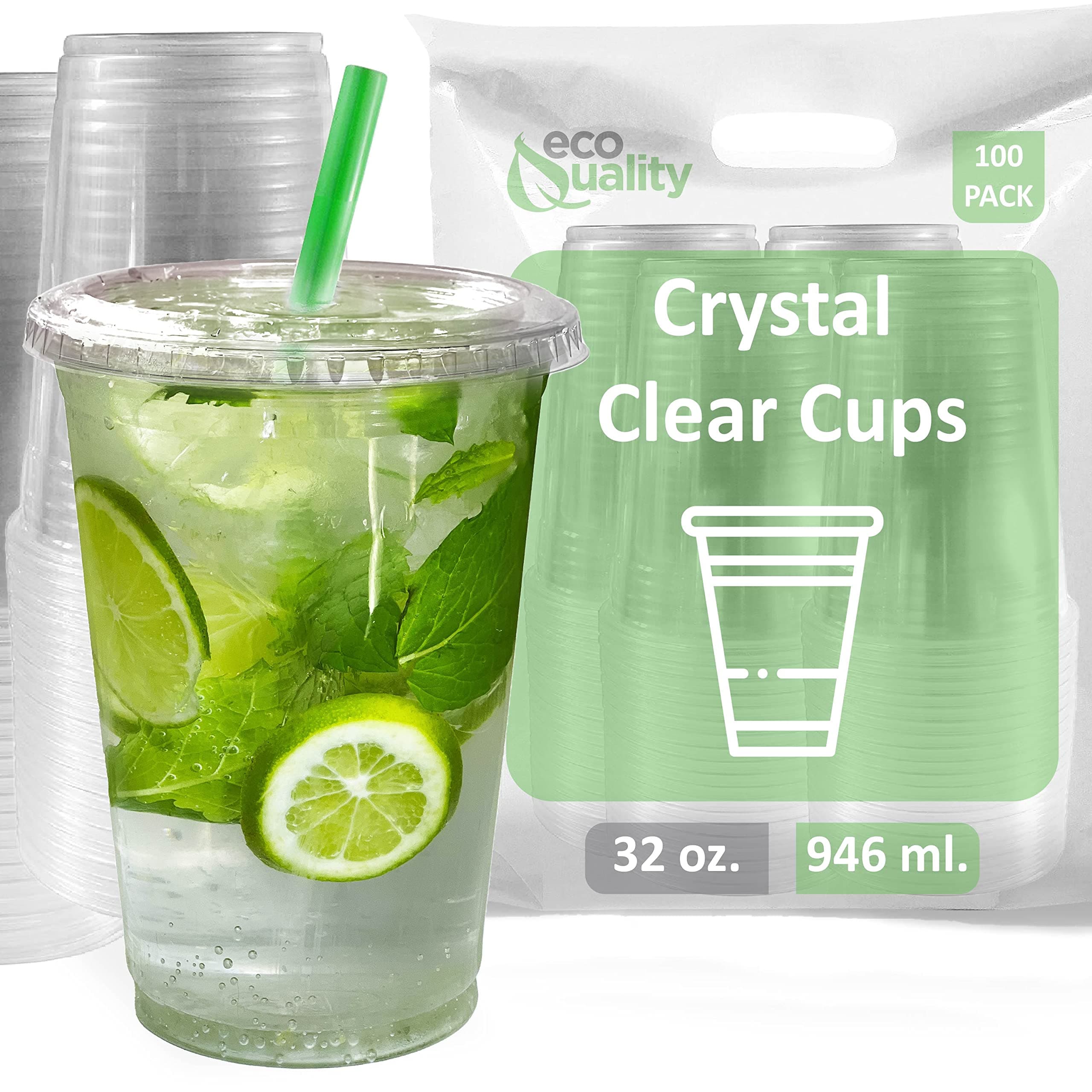 Clear Plastic Disposable Cups with Lids and Smoothie Straws 100 count - 32 oz (ounces) Clear PET Cup for Smoothies, Protein Shakes, Bubble Tea, Iced Coffee, Boba, Fresh Juice, Meal Prep, Party Cup