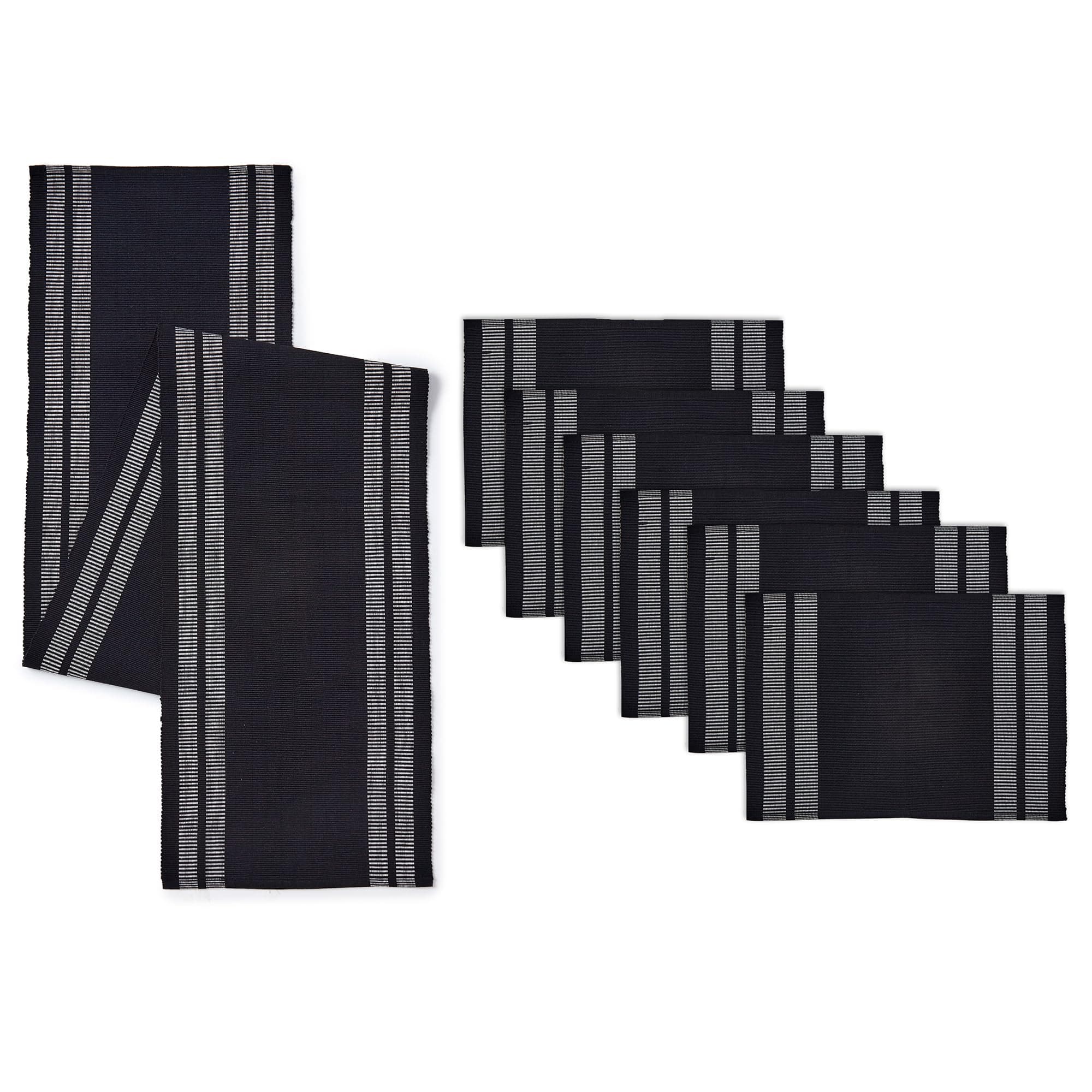 Encasa XO Table Runner and Placemats Set 6 | Fine Ribbed Cotton | Ladder Black | 1 Table Runner Size 32x183 cm & Each Table Mat Size 48x32 cm