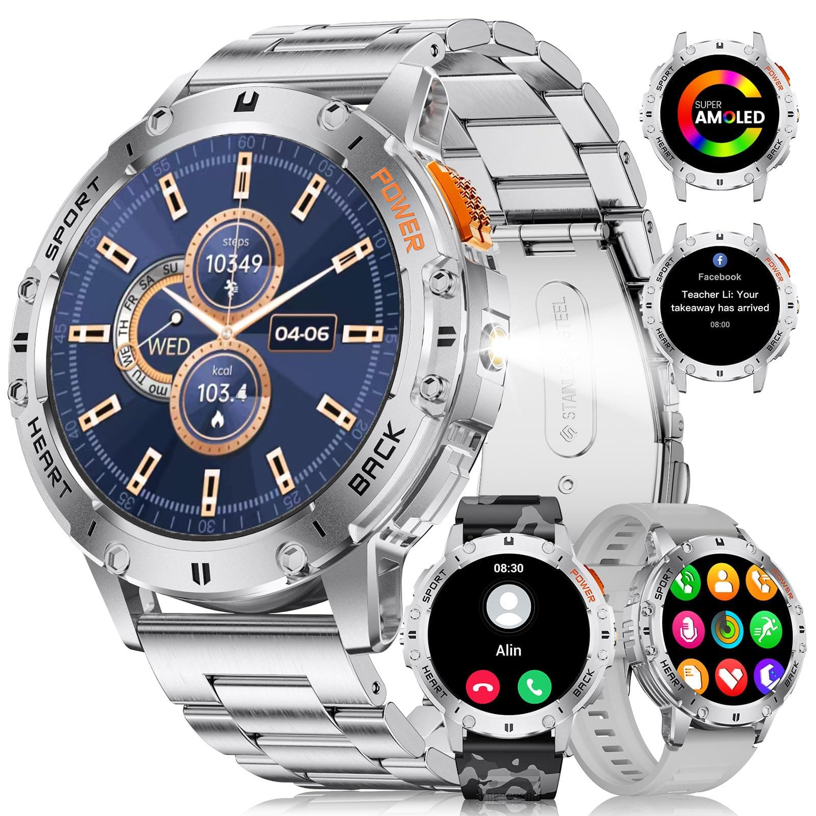 LIGE Military Smart Watch with Bluetooth Call,1.43" AMOLED Fitness Tracker with 5ATM Waterproof 100+Sports Modes for Android iOS, 530mAh,Gray Silicone+Silver Steel+Camouflage Silicone