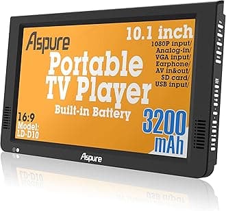 10 Inch Portable Digital DVB-T2 TFT HD Screen Freeview LED TV for Car,Caravan,Camping,Outdoor,Kitchen.Built-in 3200mAh Battery Television/Monitor with Multimedia Player FM function, ASPURE